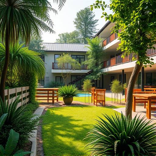 Exterior de las instalaciones del centro, con jardines bien cuidados y áreas de recreación, promoviendo el contacto con la naturaleza y el ejercicio físico.