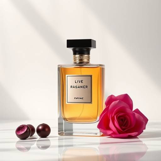 Photographie de produit d'un flacon de parfum de luxe, avec un éclairage précis et une composition élégante.
