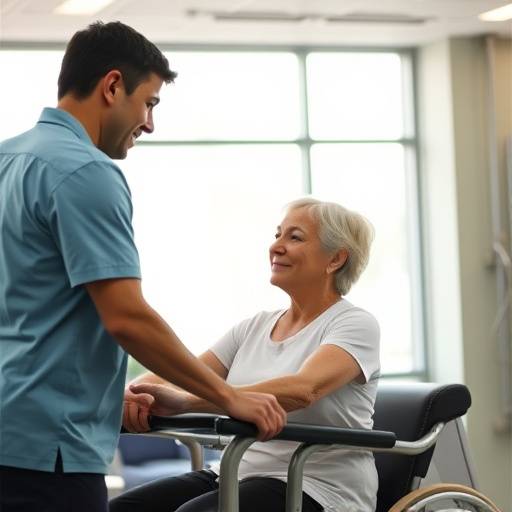 Un fisioterapeuta ayudando a un paciente a realizar ejercicios de rehabilitación física en un gimnasio.