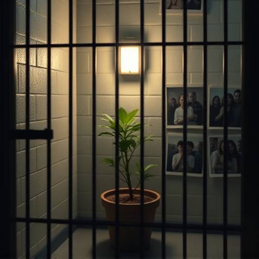 Una celda con iluminación suave, decorada con una planta en maceta y algunas fotografías familiares en la pared, creando un ambiente hogareño.