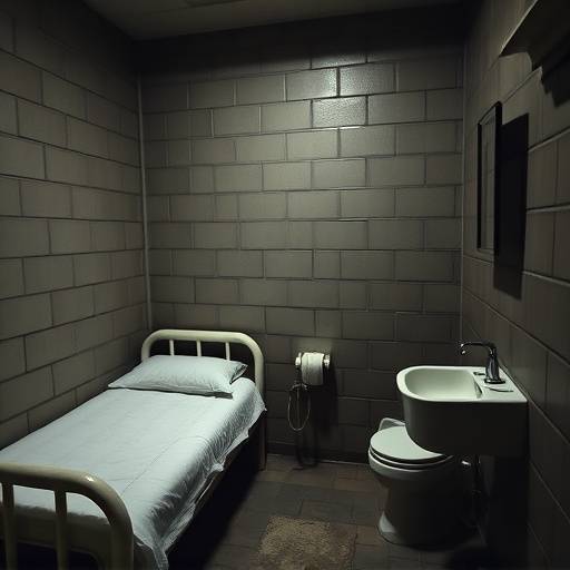 Una celda en la Penitenciaría Estatal del Este en Filadelfia, mostrando una cama sencilla, un lavabo y un inodoro, representando el aislamiento y la reflexión en el sistema penitenciario del siglo XIX.