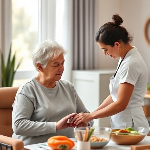 Una terapeuta ocupacional ayudando a un paciente a realizar actividades de la vida diaria, como vestirse y cocinar.